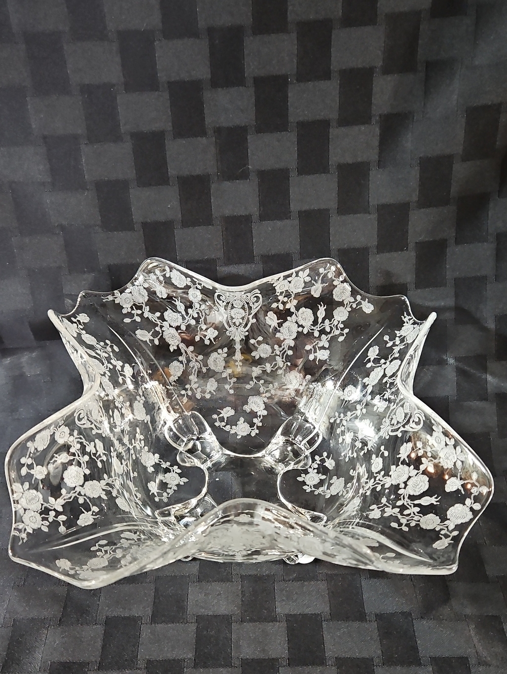 Vintage Cambridge Rose Point Glass 4-Toed Ruffled Console Bowl 12" Elegant Era